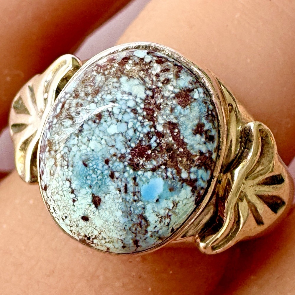 Navajo Mens Turquoise Band Blue Golden Hills Sz 10 Ring 14mm Signed AT Native‎